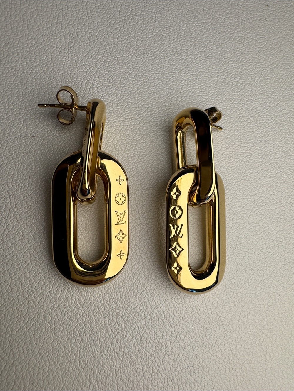 Louis Vuitton Shiny Gold Monogram Link Drop Earrings